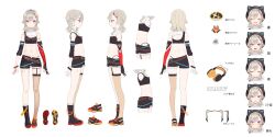 1girl absurdres animal_ear_headphones animal_ears black_gloves black_headwear black_shorts boot_straps boots cleavage_cutout clothing_cutout crop_top detached_sleeves fake_animal_ears fishnet_thighhighs fishnets flat_chest garter_straps gloves grey_hair hair_ornament hairband hairclip hat hat_with_ears headphones headphones_around_neck highres komori_met komori_met_(5th_costume) komori_met_(vspo!_1st_costume) medium_hair midriff multicolored_clothes multiple_views navel official_alternate_costume open_clothes panty_straps partially_fingerless_gloves purple_eyes reference_sheet shirt short_shorts shorts simple_background single_boot single_thighhigh sleeves_rolled_up stomach thighhighs unworn_hat unworn_headwear virtual_youtuber vspo! white_background wristband yuuki_hagure