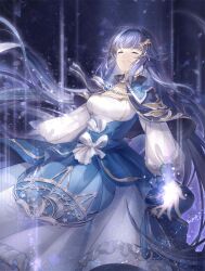 1girl artist_request black_capelet blue_dress blue_gemstone blunt_bangs bow bow_button capelet closed_eyes closed_mouth collared_capelet dress expressionless eyelashes feet_out_of_frame floating_clothes floating_hair frilled_capelet frilled_dress frills game_cg gem gown hair_intakes hair_ornament hairclip highres layered_dress light_particles long_dress long_hair long_sleeves loose_hair_strand miracle_nikki nikki_(series) nolwenn_(miracle_nikki) official_art powering_up puffy_long_sleeves puffy_sleeves purple_background purple_hair solo sparkle third-party_source very_long_hair victorian waist_bow white_bow white_dress
