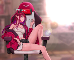 1girl alternate_costume bare_legs black_shorts bloom_(irys) blue_eyes blurry blurry_background breasts camisole chair cleavage controller crop_top demon_horns dolphin_shorts game_controller gaming_chair gbk43023471 gloom_(irys) halo heterochromia highres holding holding_controller holding_game_controller holding_toy hololive hololive_english horns irys_(hololive) jacket knee_up long_hair looking_at_object medium_breasts midriff navel on_chair pink_eyes pink_hair pink_jacket pointy_ears print_jacket shorts single_off_shoulder sitting solo swivel_chair toy toy_car toyota toyota_sprinter_trueno white_camisole