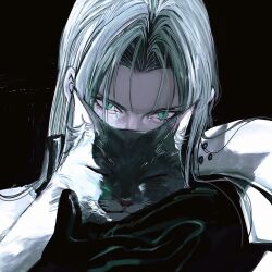 Rule 34 | 1boy, animal, armor, black background, black cat, black coat, black gloves, cat, coat, commentary, final fantasy, final fantasy vii, final fantasy vii remake, gloves, green eyes, grey hair, hair intakes, hayashishisou, highres, holding, holding animal, long hair, looking at viewer, male focus, parted bangs, photo-referenced, portrait, sephiroth, shoulder armor, slit pupils, solo, symbol-only commentary, upper body