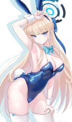 1girl absurdres animal_ears arm_up armpits bare_shoulders blonde_hair blue_archive blue_bow blue_eyes blunt_bangs bow bowtie breasts cleavage contrapposto cowboy_shot detached_collar earrings fake_animal_ears fake_tail highres jewelry leaning_forward leotard long_hair looking_at_viewer playboy_bunny rabbit_ears rabbit_tail solo strapless strapless_leotard tail thighhighs toki_(blue_archive) toki_(bunny)_(blue_archive) v wrist_cuffs