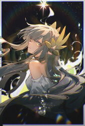 Rule 34 | 1girl, arknights, border, breasts, brown hair, commentary request, dress, elf, from side, highres, long hair, mole, mole under eye, muelsyse (arknights), openvl, pointy ears, sky, small breasts, smile, solo, star (sky), starry sky, very long hair, white border, white dress