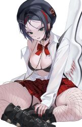 Rule 34 | 1girl, alternate costume, beret, black bra, black hair, bow, bowtie, bra, breast tattoo, breasts, chain, chain leash, commentary, commission, crow (nikke), ear piercing, fishnet pantyhose, fishnets, goddess of victory: nikke, gold chain, green eyes, guitar, hat, highres, indian style, instrument, large breasts, leash, looking at viewer, midriff, miniskirt, multicolored hair, navel, pantyhose, piercing, red bow, red bowtie, red hair, red skirt, shirt, short hair, simple background, sitting, skirt, solo, streaked hair, tattoo, two-tone hair, underwear, uyuri (89976220), white background, white shirt