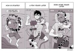1girl 2boys 3koma animal_ears animal_print ass aura_(drawligator) breasts clothing_cutout comic drawligator father_and_son furry furry_female large_breasts lying lying_on_person monochrome mother_and_son multiple_boys on_back oversized_clothes shorts sleeping tail tail_through_clothes thick_thighs thighs tiger_ears tiger_print