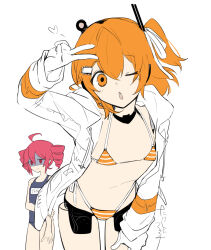 2girls a.i._voice adachi_rei android bikini blue_one-piece_swimsuit commentary_request drill_hair flat_chest gloves hair_ribbon headlamp heart highres jacket joints kasane_teto leaning_forward long_sleeves looking_at_viewer micro_bikini multiple_girls one-piece_swimsuit one_eye_closed open_clothes open_jacket open_mouth orange_bikini orange_eyes orange_hair red_eyes red_hair ribbon robot_joints school_swimsuit shaded_face simple_background striped_bikini striped_clothes swimsuit torino_sasami twin_drills utau v white_background white_gloves white_jacket white_ribbon
