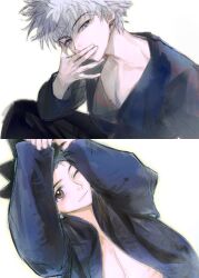 2boys arms_up black_hair black_jacket black_pants blue_eyes brown_eyes closed_mouth collarbone commentary covering_own_mouth gelb gon_freecss hand_over_own_mouth hashtag-only_commentary highres hunter_x_hunter jacket killua_zoldyck long_sleeves male_focus multiple_boys one_eye_closed open_clothes open_jacket pants smile spiked_hair white_background white_hair