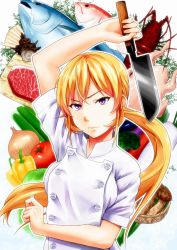 10s 1girl arm_up bell_pepper blonde_hair breasts broccoli buttons cabbage chef chicken_(food) eggplant female_focus fish food knife lobster long_hair looking_at_viewer low_ponytail magekichi mushroom nakiri_erina onion outline ponytail purple_eyes radish shokugeki_no_souma solo steak tomato very_long_hair white_outline