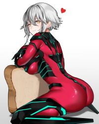 1girl ass bodysuit bread bread_slice breasts food heart highres leaning looking_at_viewer peg_leg red_bodysuit smile virtual_youtuber vshojo white_background white_hair yellow_eyes yuniiho zentreya zentreya_(cyborg) zentreya_(cyborg)_(1st_costume)