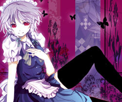 1girl bad_id bad_pixiv_id black_thighhighs braid bug butterfly embodiment_of_scarlet_devil female_focus ichitaro insect izayoi_sakuya maid maid_headdress red_eyes silver_hair solo thighhighs touhou twin_braids yuki_(yukame)