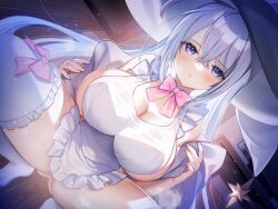 1girl apron blue_hair breasts bush cleavage crossed_bangs doorway frilled_thighhighs frills hair_between_eyes hat hat_ornament highres indoors large_breasts long_hair looking_at_viewer naked_apron non-web_source open_clothes open_robe parted_lips purple_eyes robe solo spread_legs squatting star_(symbol) star_hat_ornament table thighhighs very_long_hair white_apron white_robe white_thighhighs witch witch_hat wooden_floor yuasa_akira