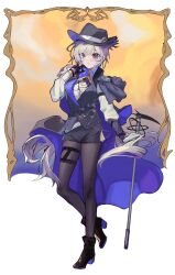 1girl absurdres artist_name artist_request asymmetrical_gloves asymmetrical_legwear black_fedora black_gloves black_hat black_vest breasts cane cape curly_hair detective_(silver_palace) fedora female_detective_(silver_palace) female_focus gloves hat high_heels highres jewelry large_breasts long_hair looking_at_viewer necklace purple_hair shirt shorts silver_palace solo solo_focus thick_thighs thigh_strap thighhighs thighs very_long_hair vest white_background white_gloves white_shirt