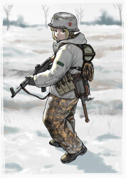 ammunition_pouch assault_rifle blonde_hair camouflage camouflage_pants combat_helmet gun gun_sling helmet highres mardjan military military_combat_uniform military_uniform original pants parka pouch rifle stahlhelm stg44 swastika waffen-ss weapon world_war_ii