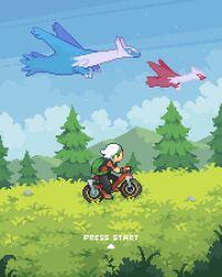 1boy arkhai arrow_(symbol) backpack bag bicycle blue_sky brendan_(pokemon) claws cloud commentary creatures_(company) english_text flying game_freak gen_3_pokemon grass green_bag hat highres latias latios legendary_pokemon male_focus nintendo pixel_art pokemon pokemon_(creature) pokemon_oras red_eyes riding riding_bicycle rock sky tree white_hat