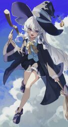 1girl 46_coffee absurdres black_hat black_robe black_shoes black_skirt blue_sky boots broom cloud cloudy_sky collared_shirt commentary_request elaina_(majo_no_tabitabi) frilled_skirt frills full_body grey_hair hair_between_eyes hat highres holding holding_broom holding_wand long_hair long_sleeves looking_at_viewer majo_no_tabitabi neck_ribbon open_clothes open_mouth open_robe outdoors purple_eyes ribbon robe shirt shoes skirt sky solo very_long_hair wand white_shirt wide_sleeves witch witch_hat yellow_ribbon