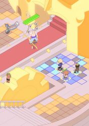 1girl 3boys artist_name black_hair boat brown_overalls chibi commentary curly_eyebrows drum enel gameplay_mechanics health_bar highres holding holding_staff instrument isometric long_earlobes lv5plant multiple_boys nami_(one_piece) nami_(one_piece)_(skypiea) one_piece orange_hair overalls sanji_(one_piece) short_twintails staff stairs twintails usopp watercraft