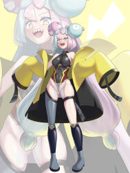 1girl :d absurdres adapted_costume aged_up bodysuit bow-shaped_hair breasts character_hair_ornament coat commentary_request covered_navel full_body grey_shoes hair_ornament highres impossible_bodysuit impossible_clothes iono_(pokemon) leotard long_hair long_sleeves looking_down multicolored_hair nintendo off_shoulder open_clothes open_coat open_mouth pigeon-toed pokemon pokemon_sv shoes skin_tight sleeves_past_fingers sleeves_past_wrists smile standing taimanin_suit teeth tongue twintails two-tone_hair upper_teeth_only wato_(watto1005) yellow_coat zoom_layer