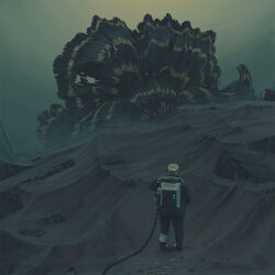 1other alien ashes backpack bag cable footprints grey_theme highres outdoors rock science_fiction simon_stalenhag the_labyrinth