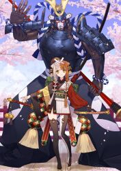 1girl armor asymmetrical_legwear asymmetrical_sleeves back_bow black_gloves black_kimono black_thighhighs blunt_bangs bow breasts cherry_blossoms closed_mouth double_bun fate/grand_order fate_(series) front_slit full_body game_cg gloves green_sash hair_bun hair_over_shoulder hairband helmet izumo_no_okuni_(fate) izumo_no_okuni_(first_ascension)_(fate) japanese_armor japanese_clothes kabuto_(helmet) katana kimono long_hair long_sleeves looking_at_viewer low-tied_long_hair mismatched_thighhighs multicolored_hair multicolored_kimono noco_(adamas) obi obiage obijime official_art okobo orange_hair outstretched_arms platform_sandals puffy_long_sleeves puffy_sleeves red_sleeves robot rope samurai sandals sash sheath sheathed shide short_kimono shoulder_armor single_glove smile sode split-color_hair standing sword tassel thighhighs third-party_source two-tone_hair two-tone_thighhighs uneven_legwear variant_set weapon white_hair white_hairband white_kimono white_thighhighs wide_sleeves zanzaburou_(fate)