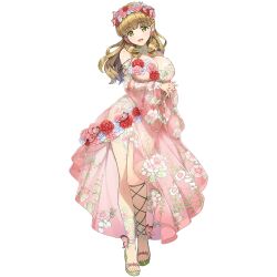Rule 34 | 1girl, ayato utae, breasts, brown hair, butterfly on leg, choker, cleavage, detached sleeves, dolphin wave, dress, drill hair, drill sidelocks, earrings, floral dress, floral print, flower, flower choker, flower dress, flower earrings, flower trim, game cg, hair flower, hair ornament, head wreath, highres, interlocked fingers, jewelry, large breasts, light blush, long hair, looking at viewer, mole, mole under eye, non-web source, official alternate costume, official art, ootomo takuji, open mouth, pink dress, sandals, sidelocks, smile, solo, tachi-e, transparent background, yellow eyes