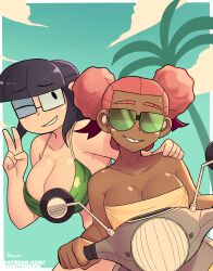 2girls afro_puffs bikini black_hair body_freckles breasts cleavage cloud dark-skinned_female dark_skin freckles gabby_(rizkitsuneki) glasses green_bikini hand_on_another&#039;s_shoulder highres large_breasts medium_breasts medium_hair miiyauwu motor_vehicle motorcycle multiple_girls one_eye_closed pale_skin palm_tree pink_hair riding riding_motorcycle rizkitsuneki sky smile summer sunglasses swimsuit tay_(rizkitsuneki) teeth tree v wink