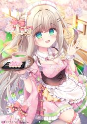 1girl apron blonde_hair blue_eyes blush breasts cleavage collar cup detached_collar dress food frills green_eyes hair_ornament hair_ribbon highres holding holding_tray large_breasts long_hair looking_at_viewer maid_headdress open_mouth original pastry pink_dress ribbon smile solo tea teacup thighhighs tray white_apron wrist_cuffs yukimura_usagi