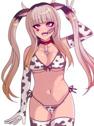 alternate_hair_color amemiya_darumi animal_ears animal_print bikini black_hair blonde_hair collarbone cow_ears cow_horns cow_print cow_print_bikini cow_print_gloves cow_print_thighhighs cowkini dark-skinned_female dark_skin eyelashes eyeliner eyeshadow face_piercing gloves hand_up heart horns lip_piercing long_hair makeup multicolored_hair navel navel_piercing open_mouth piercing pink_eyes print_bikini print_gloves print_thighhighs runny_makeup safety_pin swimsuit tan teeth the_hundred_line_-last_defense_academy- thighhighs tongue twintails upper_teeth_only v