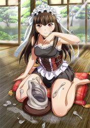 00s 1girl armpits bare_legs barefoot breasts brown_hair clay feet female_focus highres ikkitousen indoors long_hair looking_at_viewer maid_headdress pottery shiny_skin sitting small_breasts smile ten&#039;i_(ikkitousen)