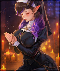 Rule 34 | 1girl, artist name, breasts, brown hair, candle, highres, horns, indoors, large breasts, long hair, long sleeves, multicolored hair, nun, original, own hands clasped, own hands together, pointy ears, prywinko, prywinko (baldur&#039;s gate), purple hair, solo, traditional nun, two-tone hair