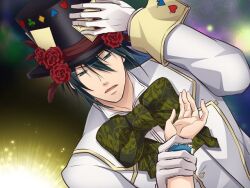 Rule 34 | 1boy, alice liddell (heart no kuni no alice), black hair, black hat, blood dupre, bow, formal clothes, gloves, green bow, green eyes, hat, heart no kuni no alice, holding another&#039;s wrist, holding hands, long sleeves, looking at viewer, male focus, non-web source, out of frame, short hair, solo focus, suit, upper body, white gloves, white suit, wrist cuffs
