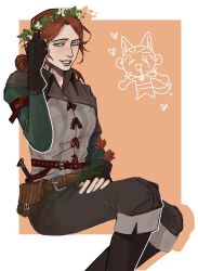 Rule 34 | 1girl, belt, belt pouch, black boots, black gloves, black pants, blue eyes, boots, brown belt, fingerless gloves, flower wreath, gloves, head wreath, highres, one eye closed, pants, pouch, red hair, sitting, solo, the witcher (series), triss merigold, yanchang 1001