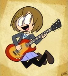 1girl 2000s_(style) :d absurdres blazer brown_eyes brown_hair cartoonized electric_guitar full_body guitar hair_ornament hairclip highres hirasawa_yui holding holding_instrument instrument jacket jumping k-on! lolwutburger looking_to_the_side music open_mouth pantyhose parody playing_instrument purple_skirt sakuragaoka_high_school_uniform school_uniform shirt skirt smile solo style_parody toon_(style) upa_(style) white_shirt