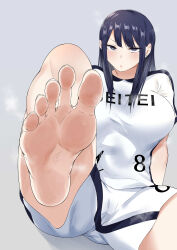 1girl absurdres barefoot black_eyes black_hair blush breasts feet fetish_third highres large_breasts long_hair looking_at_viewer parted_lips soles sportswear steam toes