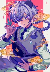 Rule 34 | 1boy, animal ears, black necktie, border, braid, commentary, cowboy shot, crossed bangs, fanny pack, gradient background, gradient eyes, grey hair, grey sweater, hand on own hip, haru4aki, highres, holding, holding leaf, leaf, long hair, long sleeves, looking at viewer, male focus, multicolored eyes, necktie, orange background, orange eyes, original, panda boy, panda ears, red background, shirt, smile, smoke, solo, sweater, sweater vest, white shirt, yellow eyes