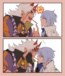 2boys :d ^_^ arataki_itto armor black_choker black_coat black_gloves black_nails blue_eyes blush bodypaint border chest_harness choker closed_eyes closed_mouth coat colored_inner_hair commentary_request crop_top earrings eye_contact facepaint fangs fingernails food food_in_mouth genshin_impact gloves hair_between_eyes hair_over_shoulder hand_on_own_chin hand_up harness highres horns jacket japanese_armor japanese_clothes jewelry kamisato_ayato kimono long_fingernails long_hair long_sleeves looking_at_another medium_hair mole mole_under_mouth multicolored_hair multiple_boys o-ring o-ring_choker oni open_clothes open_coat open_jacket open_mouth parted_bangs pectorals pink_border pocky pocky_in_mouth pointy_ears profile purple_eyes purple_shirt red_eyes red_hair red_horns rope sharp_fingernails shirt short_sleeves shoulder_armor singtou sleeveless sleeveless_coat smile sode sweatdrop tassel teeth thai_commentary thick_eyebrows upper_body v-shaped_eyebrows vambraces vision_(genshin_impact) white_background white_hair white_jacket yaoi