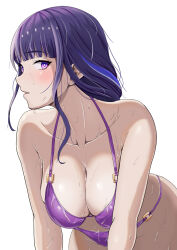 1girl bare_shoulders bikini breasts cleavage collarbone commentary_request genshin_impact highres kakabos leaning_forward long_hair looking_at_viewer parted_lips purple_bikini purple_eyes purple_hair raiden_shogun simple_background solo swimsuit thighs wet white_background