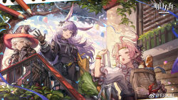 3girls ahoge animal_ears arknights artist_name bag brown_hair cat_ears cat_girl cat_tail character_request chinese_commentary commentary_request copyright_logo ears_through_headwear erkai hat haze_(arknights) highres holding holding_bag long_hair multiple_girls one_eye_closed open_mouth pencil pointy_ears purple_hair rabbit_ears rabbit_girl rope_(arknights) short_hair tail witch_hat yawning