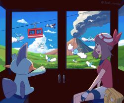 Rule 34 | 1boy, 1girl, bandana, beanie, bike shorts, bike shorts under shorts, black hair, blue eyes, breasts, brendan (pokemon), brown hair, cable car, fanny pack, gen 2 pokemon, gen 3 pokemon, gloves, grovyle, hat, highres, long hair, marshtomp, may (pokemon), nintendo, open mouth, pokemon, pokemon (creature), pokemon rse, red bandana, red shirt, rowdon, shirt, short hair, shorts, shorts under shorts, sitting, skarmory, smile, swablu, volcano, white hat