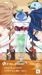 1girl 3boys ahoge animal animal_on_head aqua_eyes blue_hair booth_seating brown_hair brown_jacket brown_skirt brown_vest closed_eyes eden-gumi food glasses gloves green_eyes hair_over_one_eye hair_over_shoulder highres holding holding_spoon jacket kayano_(kayanoakira01) lain_paterson lauren_iroas leos_vincent long_hair long_skirt mameneko_(leos_vincent) mole mole_under_eye multiple_boys nijisanji oliver_evans on_head parfait ponytail red_hair shirt short_hair skirt spoon table vest virtual_youtuber whipped_cream white_gloves white_shirt window