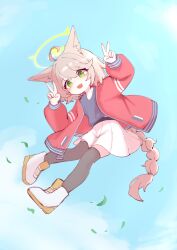1girl absurdres ahoge alternate_costume animal_ears black_thighhighs blue_archive blue_shirt brown_hair casual commentary cyan9322 double_v fang fox_ears fox_girl green_eyes green_halo halo highres jacket long_braid otogi_(blue_archive) red_jacket shirt skin_fang skirt sky thighhighs v white_skirt