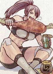 1girl bandage_on_face bandage_on_knee bandaged_knees bandages bare_shoulders boned_meat breasts commentary_request cross_scar eating fang food grey_hair holding holding_food honey long_hair meat medium_breasts monster_hunter_(character) monster_hunter_(series) open_mouth ponytail purple_eyes scar scar_on_leg scar_on_shoulder shorts sitting solo steam tanabanata teeth