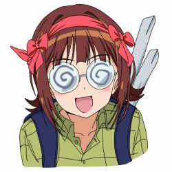 1girl :d amami_haruka backpack bag blue_eyes bow brown_hair glasses hashtag-only_commentary highres hoshii_mikage idolmaster idolmaster_(classic) looking_at_viewer open_mouth otaku smile solo upper_body