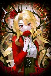 1girl absurdres ascot black_crown blonde_hair blood crown don_quixote_(project_moon) flower gamzamandu hair_flower hair_ornament highres holding holding_flower leaf limbus_company long_hair looking_at_viewer parted_bangs project_moon red_eyes red_flower red_rose rose shirt solo spiked thorns upper_body very_long_hair white_ascot white_shirt yearning-mircalla_(e.g.o)