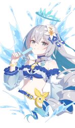 1girl absurdres bikini blue_bikini blue_halo breasts bronya_zaychik bronya_zaychik_(herrscher_of_truth) bronya_zaychik_(seaside_vibes) commentary_request cropped_torso detached_sleeves drill_hair flower food grey_eyes grey_hair hair_flower hair_ornament halo highres holding holding_food holding_popsicle homu_(honkai_impact) honkai_(series) honkai_impact_3rd licking long_hair luyue navel official_alternate_costume ponytail popsicle simple_background small_breasts solo stomach swimsuit white_background