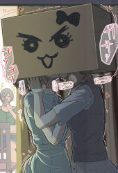 3girls 5tb beer_can black_sweater_vest blue_dress box can cardboard_box dress drink_can drinking ebizuka_tomo girls_band_cry grabbing_another&#039;s_ass grey_hair groping heart highres holding holding_can iseri_nina kiss medium_hair multiple_girls rupa_(girls_band_cry) shirt short_sleeves short_twintails sitting speech_bubble sweat sweater_vest table translation_request twintails white_shirt yuri