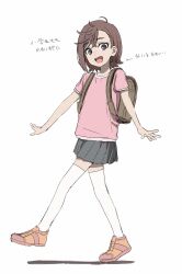1girl absurdres aged_down ayase_momo backpack bag brown_bag brown_eyes brown_hair child crossed_bangs dandadan full_body hair_behind_ear highres looking_at_viewer mosh_mallow open_mouth pink_shirt pleated_skirt randoseru shirt shoes short_hair short_sleeves simple_background skirt solo standing thighhighs translation_request walking white_thighhighs zettai_ryouiki