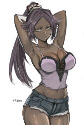 Rule 34 | 1girl, armpit crease, armpits, arms behind head, arms up, artist name, bare shoulders, bleach, blue shorts, breasts, cleavage, collarbone, dark-skinned female, dark skin, denim, denim shorts, female focus, hair ornament, jeans shorts, long hair, looking to the side, medium breasts, navel, p glansk, parted bangs, pink shirt, ponytail, purple hair, shihouin yoruichi, shiny skin, shirt, shorts, simple background, standing, tank top, thick thighs, thighs, white background, yellow eyes
