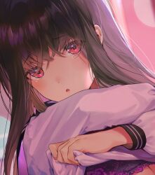 1girl breasts cleavage clothes_lift long_hair mimoza_(96mimo414) open_mouth red_eyes school_uniform solo tears