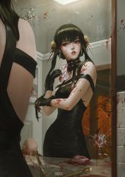 1girl bathroom black_dress black_gloves black_hair blood blood_on_arm blood_on_clothes blood_on_face blood_on_rags blood_splatter bloody_weapon breasts bullet_hole commentary corpse crack cracked_glass dagger death dress earrings english_commentary fingerless_gloves flower gloves gold gold_earrings hair_flower hair_ornament jewelry knife lipstick long_hair looking_at_mirror looking_to_the_side makeup mirror multiple_views murder nail_polish parted_lips raikoart red_eyes red_lips red_nails reflection revision rose short_hair_with_long_locks sidelocks sink spikes spy_x_family weapon wiping yor_briar