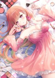 1girl bed_sheet bottle breasts cherry_blossom_print choker cleavage collarbone colored_inner_hair detached_sleeves dress earrings empire_waist feather_earrings feathers floral_print floral_print_dress floral_print_sleeves frilled_dress frills gradient_hair green_hair hands_up holding holding_bottle hololive hololive_english jewelry large_breasts long_hair long_sleeves looking_at_viewer lying makeup_brush multicolored_hair official_alternate_costume official_alternate_hairstyle on_back orange_hair parted_lips perfume_(takanashi_kiara) perfume_bottle pink_dress pink_eyes pink_feathers pink_nails pink_sleeves print_dress purple_eyes ribbon_choker sebu_illust simple_background sleeveless sleeveless_dress solo strapless strapless_dress swept_bangs takanashi_kiara takanashi_kiara_(perfume) virtual_youtuber