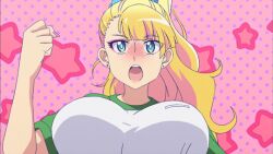 1girl animated animated_gif anime_screenshot blonde_hair blue_eyes blush bouncing_breasts breasts earrings galko gym_uniform highres huge_breasts jewelry large_breasts nail_polish oshiete!_galko-chan running sweat